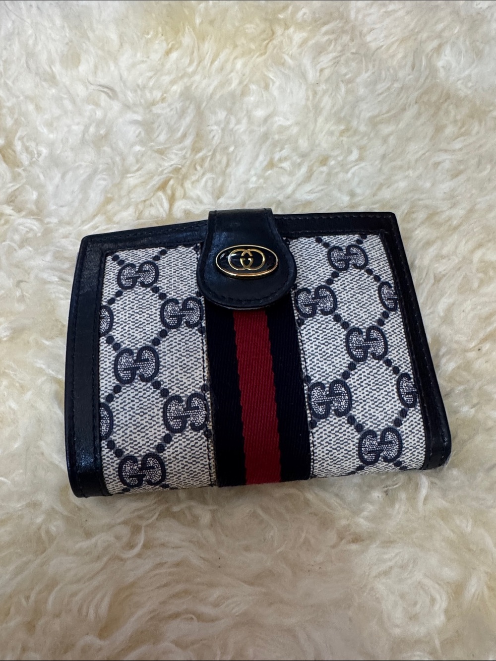 Gucci Beige GG Canvas Wallet with Navy & Red Web Stripe